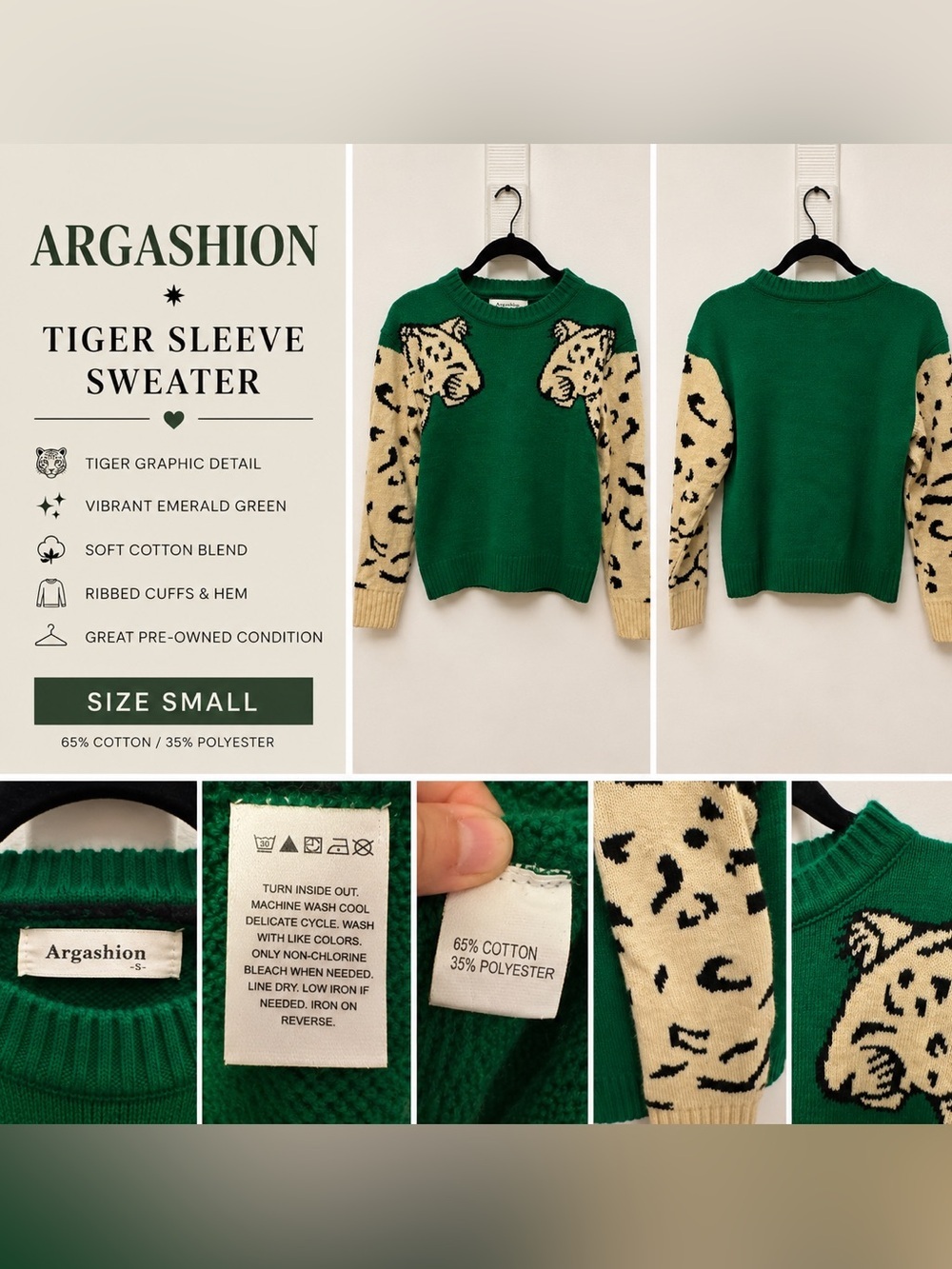 Argashion Emerald Green Tiger-Sleeve Crewneck Sweater - Small